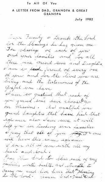 Lloyd James Bean Letter to Descendents
